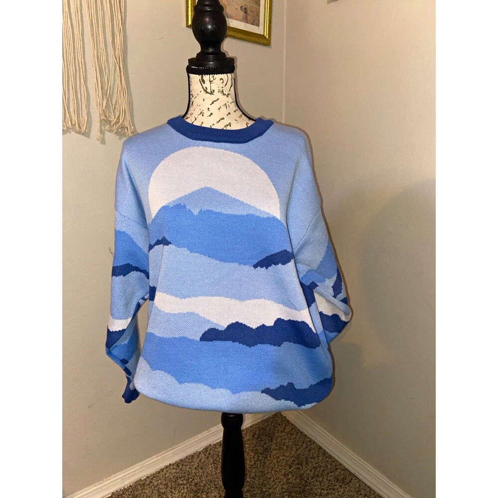 Daisy Street Blue & White Graphic Print Knit Crewneck Sweater Pullover L